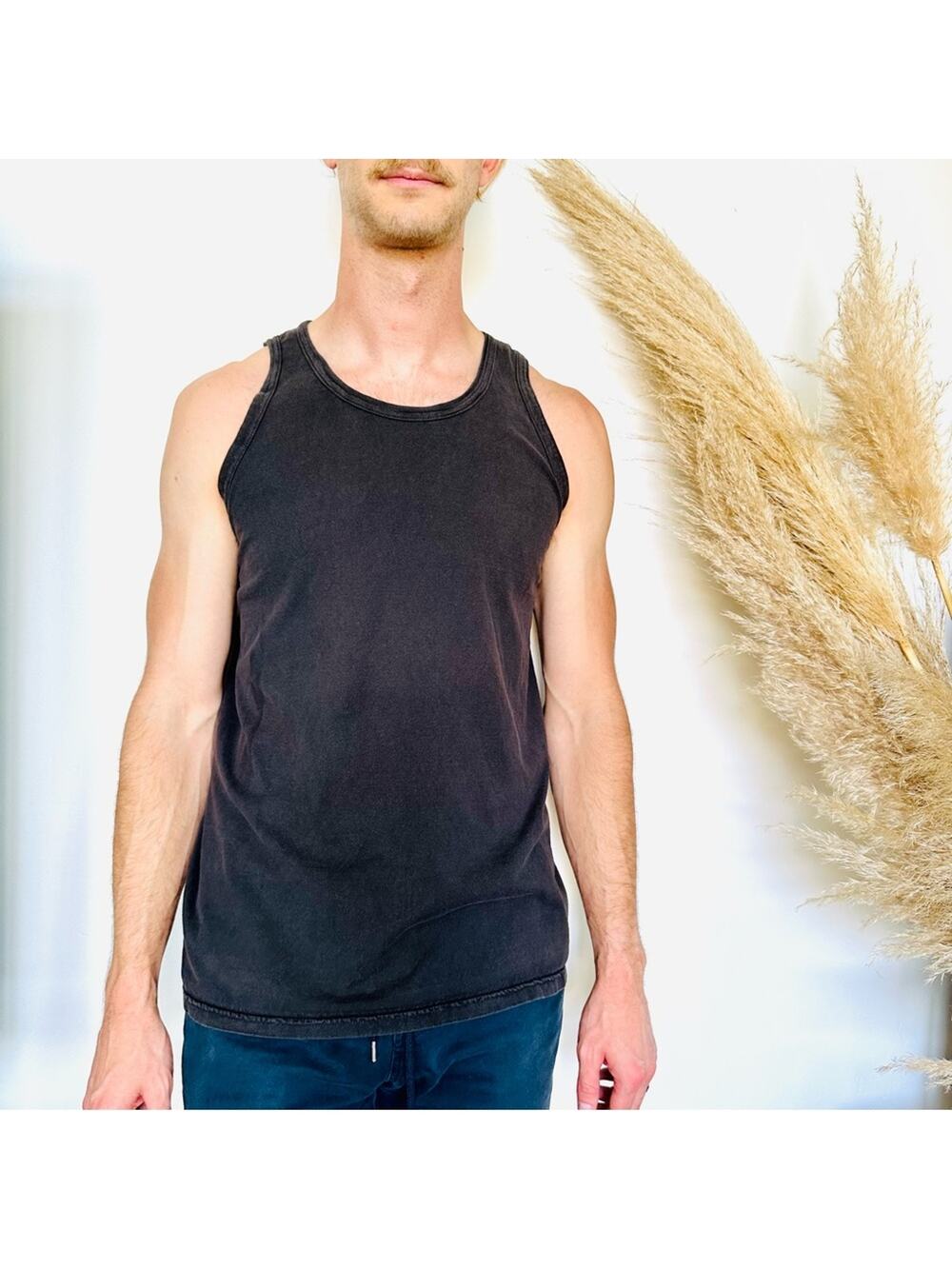 MENS HANES COMFORT WASH Washed Black Crew Neck Sleeveless Tank Top Tee Shirt M